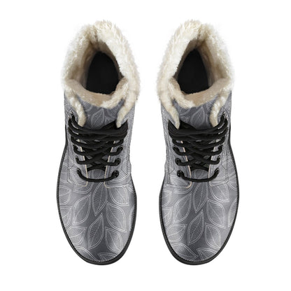 Elm Leave Grey Print Pattern Faux Fur Leather Boots-JTAMIGO.COM