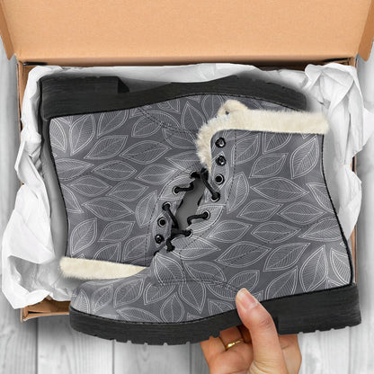 Elm Leave Grey Print Pattern Faux Fur Leather Boots-JTAMIGO.COM