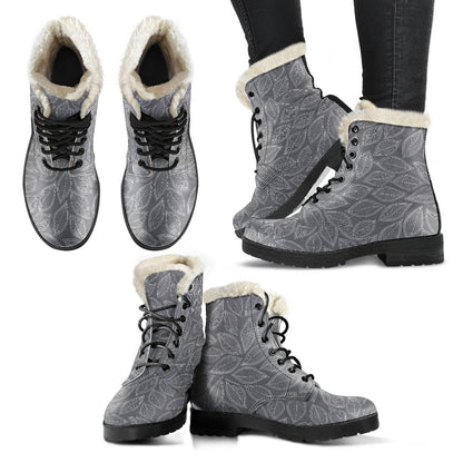 Elm Leave Grey Print Pattern Faux Fur Leather Boots-JTAMIGO.COM