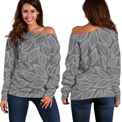 Elm Leave Grey Print Pattern Off Shoulder Sweatshirt