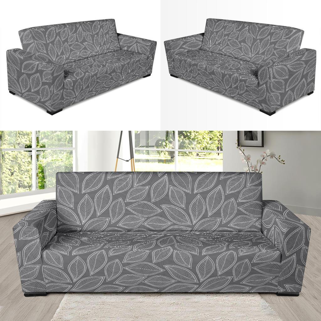 Elm Leave Grey Print Pattern Sofa Slipcover-JTAMIGO.COM