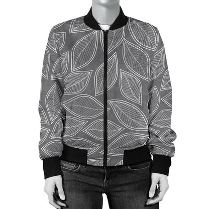 Elm Leave Grey Print Pattern Women Casual Bomber Jacket