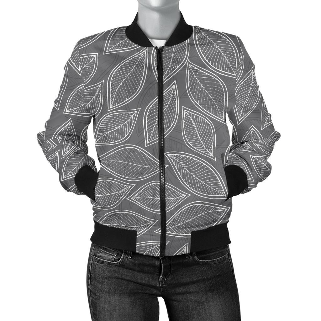 Elm Leave Grey Print Pattern Women Casual Bomber Jacket