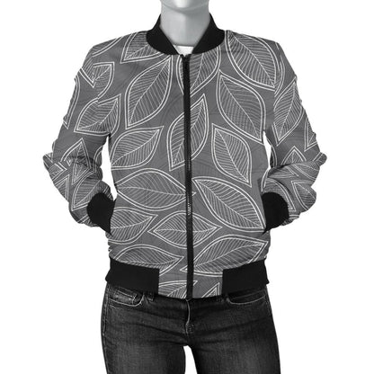 Elm Leave Grey Print Pattern Women Casual Bomber Jacket