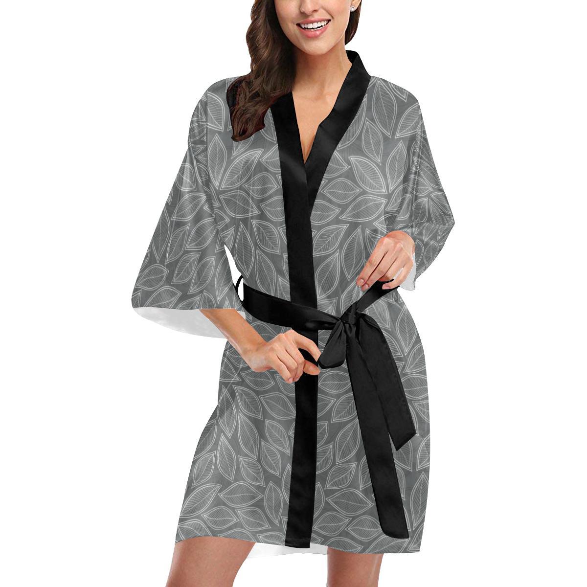 Elm Leave Grey Print Pattern Women Short Kimono Robe