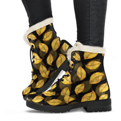 Elm Leave Summer Print Pattern Faux Fur Leather Boots-JTAMIGO.COM