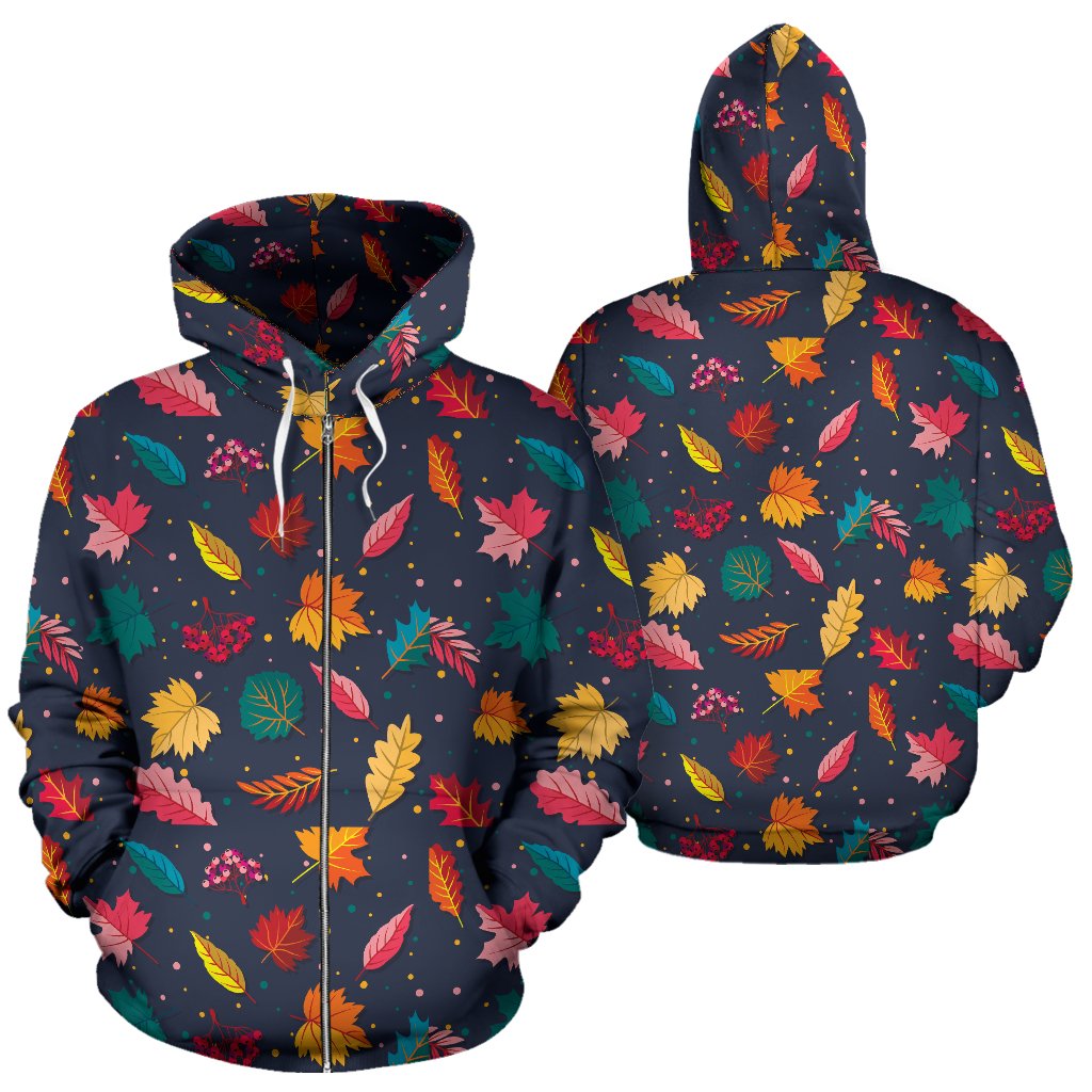 Elm Leaves Colorful Print Pattern Zip Up Hoodie