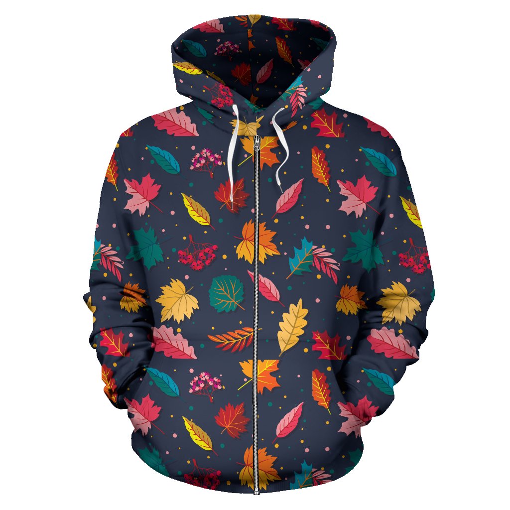 Elm Leaves Colorful Print Pattern Zip Up Hoodie
