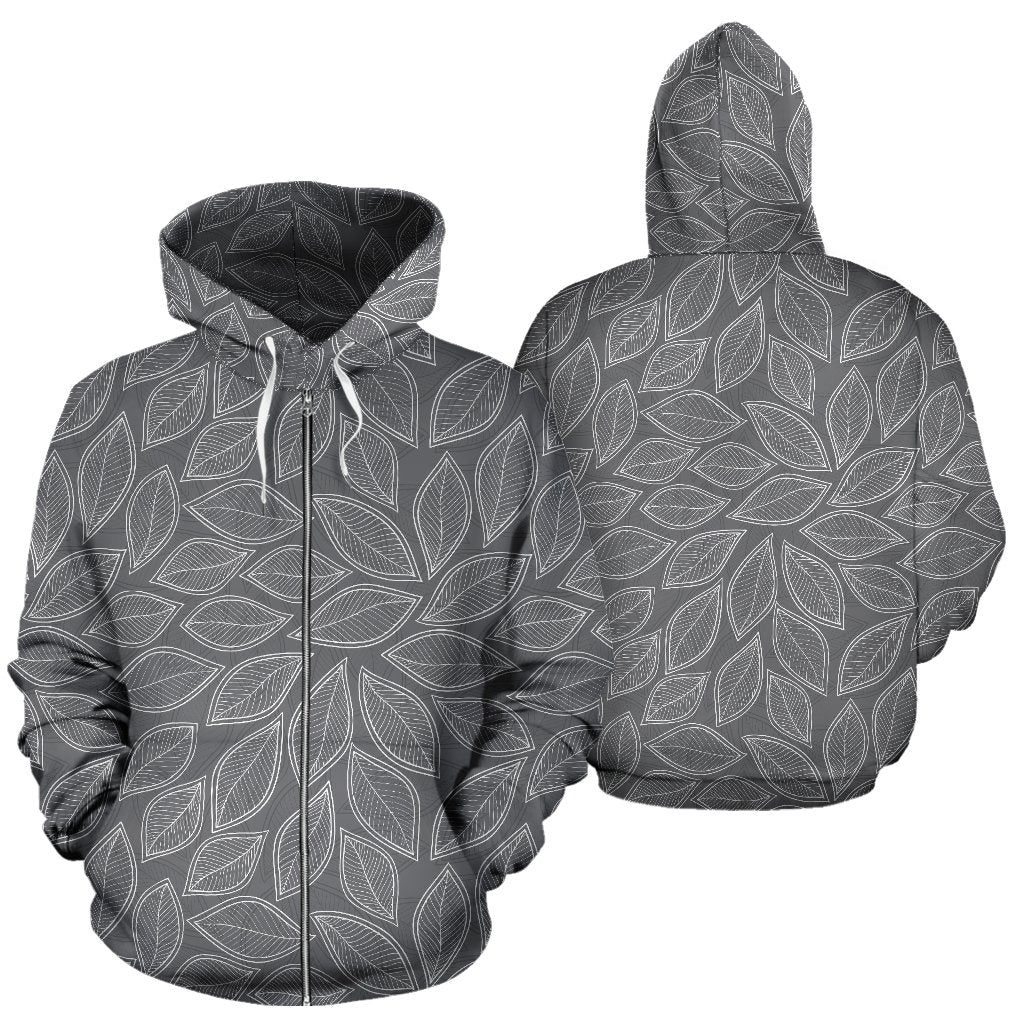 Elm Leaves Grey Print Pattern Zip Up Hoodie