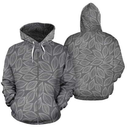 Elm Leaves Grey Print Pattern Zip Up Hoodie