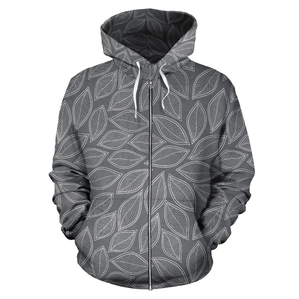 Elm Leaves Grey Print Pattern Zip Up Hoodie
