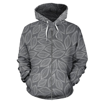 Elm Leaves Grey Print Pattern Zip Up Hoodie