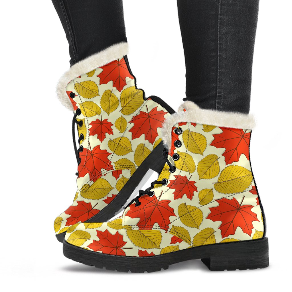 Elm Maple Leave Print Pattern Faux Fur Leather Boots-JTAMIGO.COM