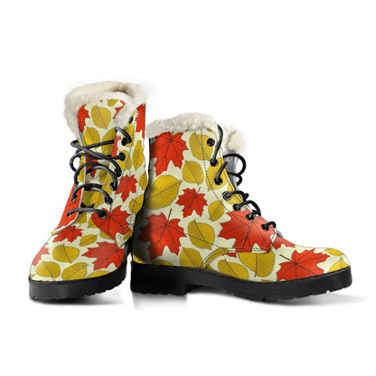 Elm Maple Leave Print Pattern Faux Fur Leather Boots-JTAMIGO.COM