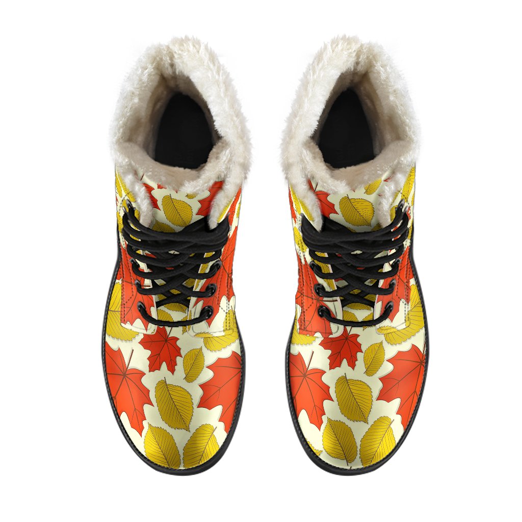 Elm Maple Leave Print Pattern Faux Fur Leather Boots-JTAMIGO.COM