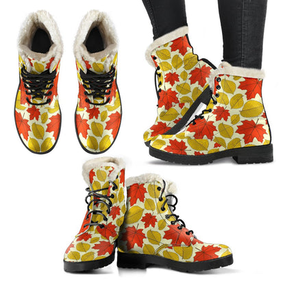 Elm Maple Leave Print Pattern Faux Fur Leather Boots-JTAMIGO.COM