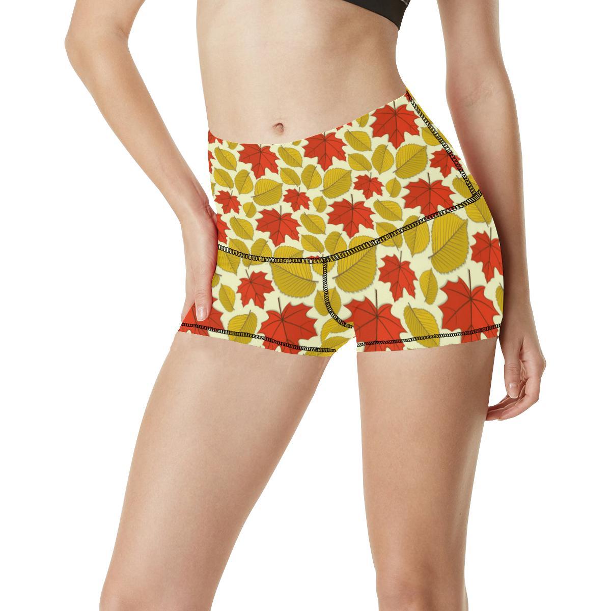 Elm Maple Leave Print Pattern High Waisted Spandex Shorts-JTAMIGO.COM