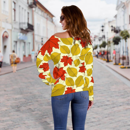Elm Maple Leave Print Pattern Off Shoulder Sweatshirt