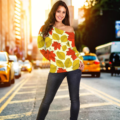 Elm Maple Leave Print Pattern Off Shoulder Sweatshirt