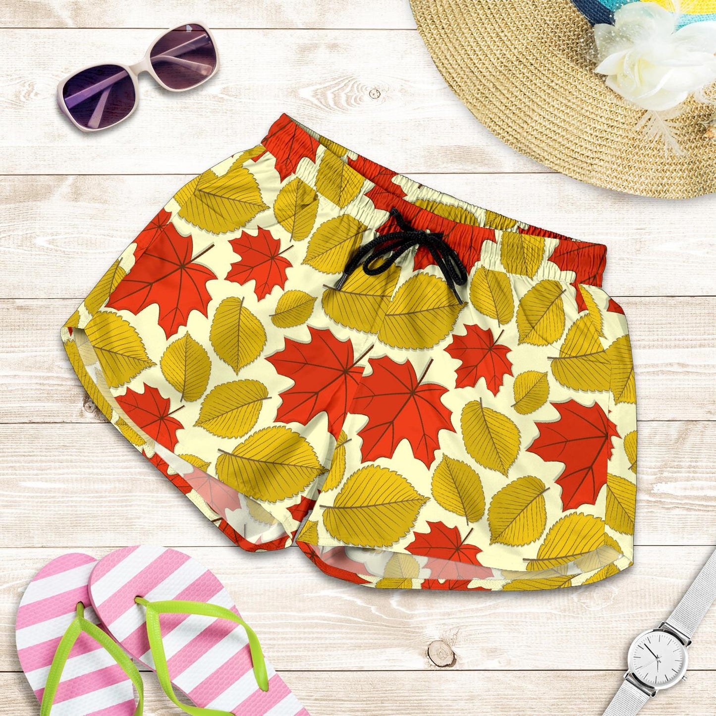 Elm Maple Leave Print Pattern Women Shorts-JTAMIGO.COM
