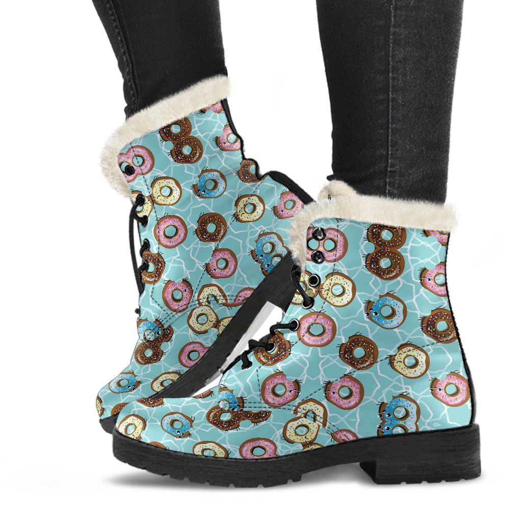 Emoji Donut Print Pattern Faux Fur Leather Boots-JTAMIGO.COM