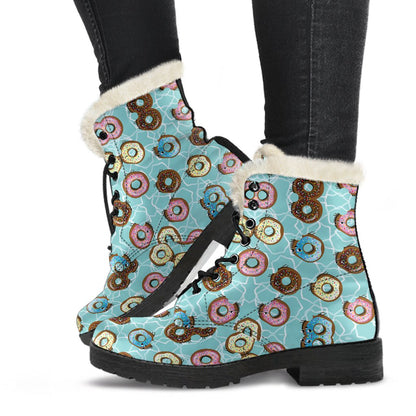 Emoji Donut Print Pattern Faux Fur Leather Boots-JTAMIGO.COM