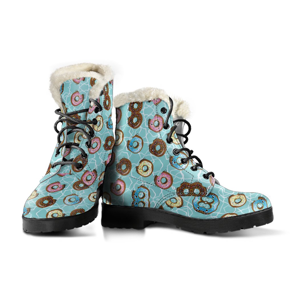 Emoji Donut Print Pattern Faux Fur Leather Boots-JTAMIGO.COM