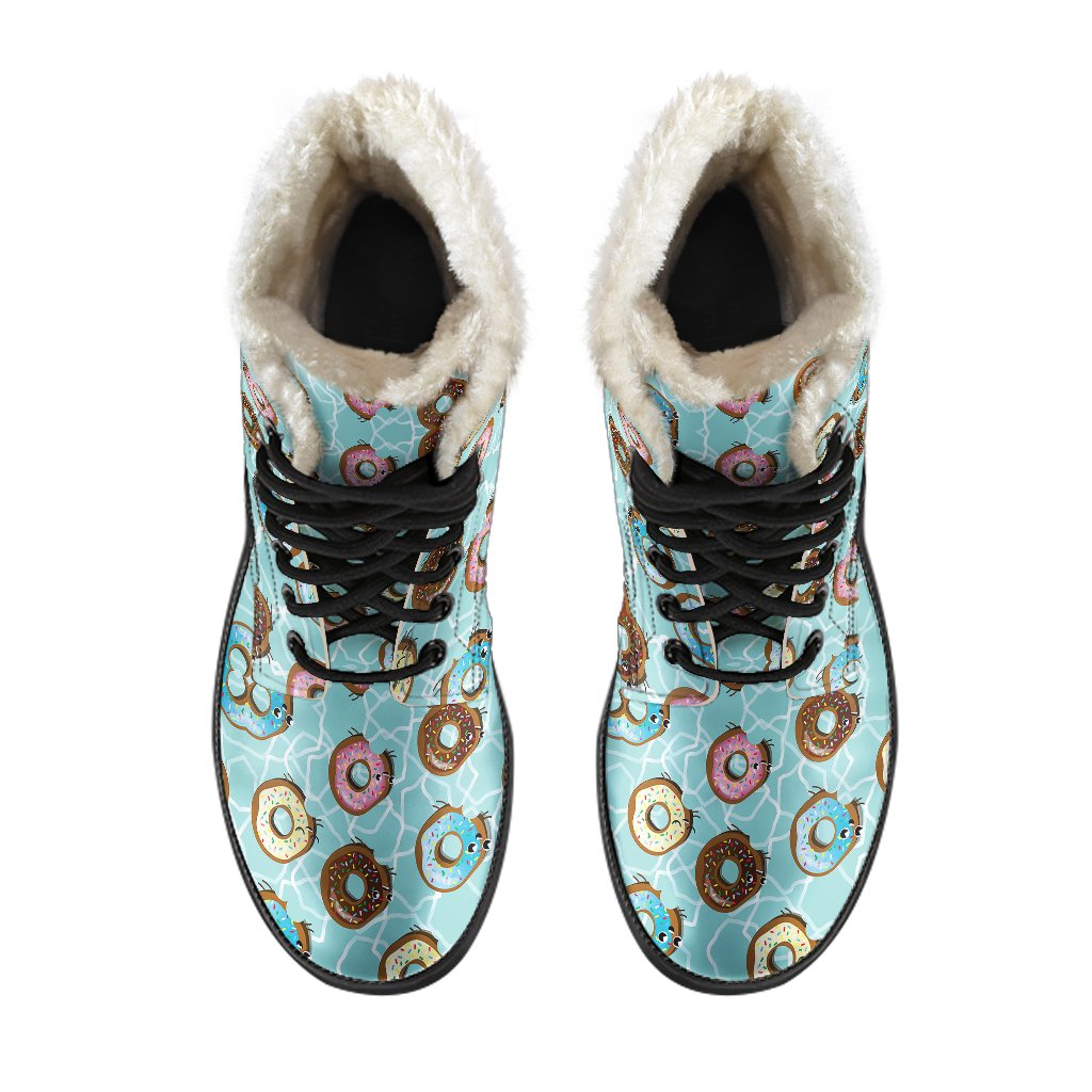 Emoji Donut Print Pattern Faux Fur Leather Boots-JTAMIGO.COM