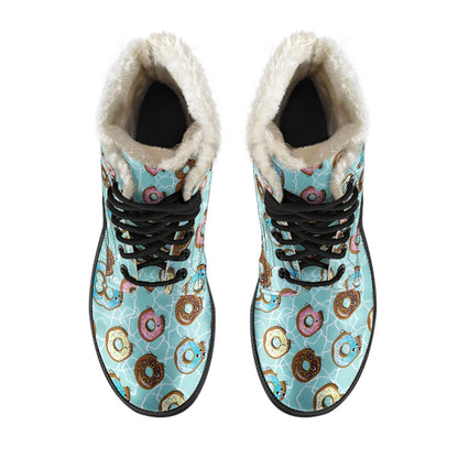 Emoji Donut Print Pattern Faux Fur Leather Boots-JTAMIGO.COM