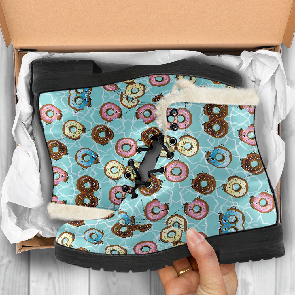 Emoji Donut Print Pattern Faux Fur Leather Boots-JTAMIGO.COM