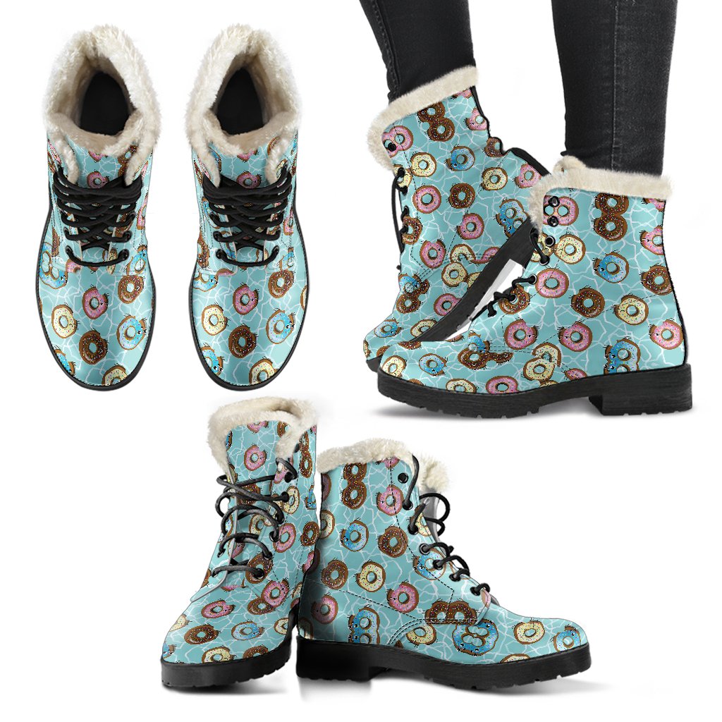 Emoji Donut Print Pattern Faux Fur Leather Boots-JTAMIGO.COM