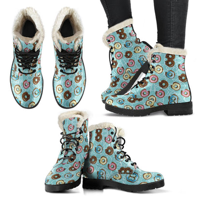 Emoji Donut Print Pattern Faux Fur Leather Boots-JTAMIGO.COM