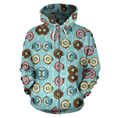 Emoji Donut Print Pattern Zip Up Hoodie