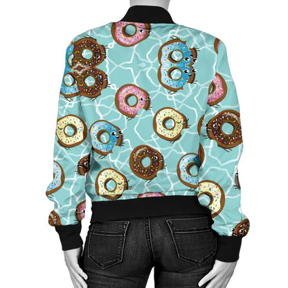 Emoji Donuts Print Pattern Women Casual Bomber Jacket