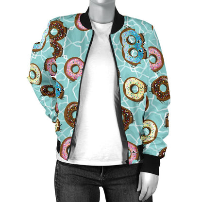 Emoji Donuts Print Pattern Women Casual Bomber Jacket