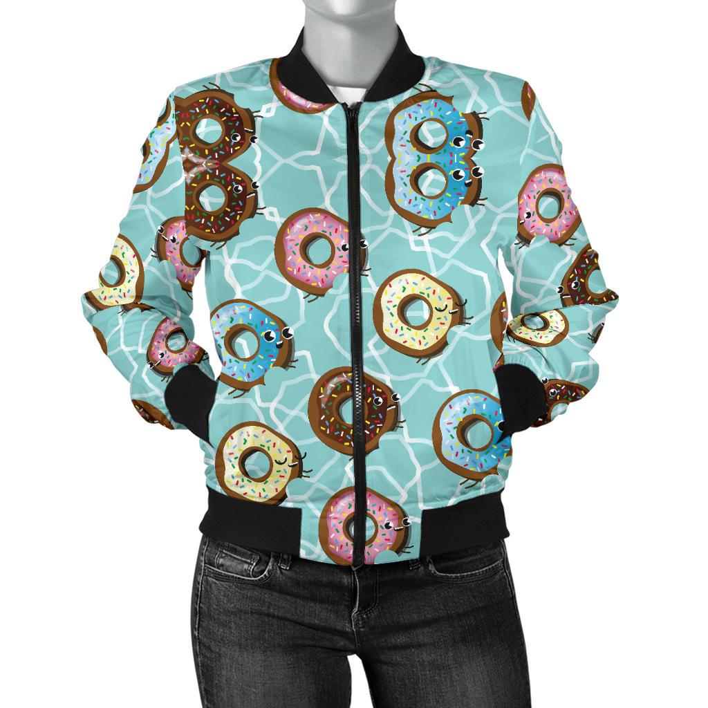 Emoji Donuts Print Pattern Women Casual Bomber Jacket