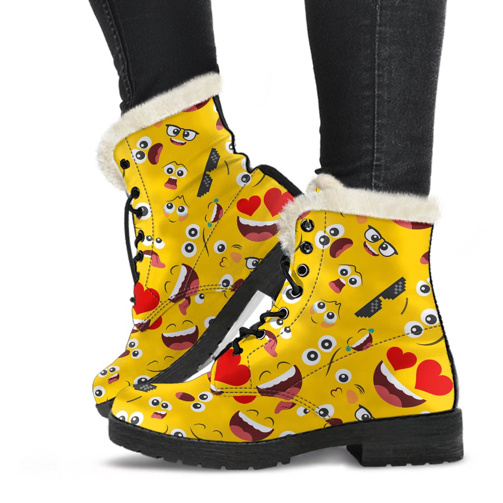Emoji Face Print Pattern Faux Fur Leather Boots-JTAMIGO.COM