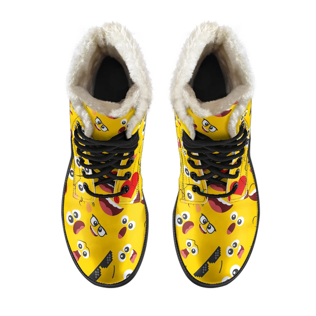 Emoji Face Print Pattern Faux Fur Leather Boots-JTAMIGO.COM