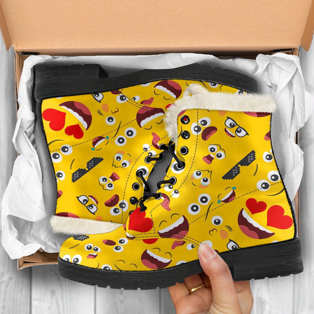 Emoji Face Print Pattern Faux Fur Leather Boots-JTAMIGO.COM