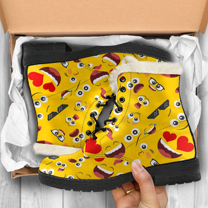 Emoji Face Print Pattern Faux Fur Leather Boots-JTAMIGO.COM