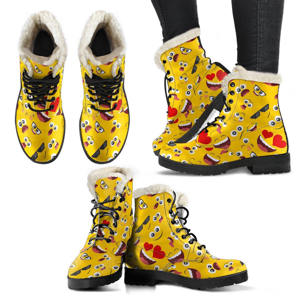 Emoji Face Print Pattern Faux Fur Leather Boots-JTAMIGO.COM