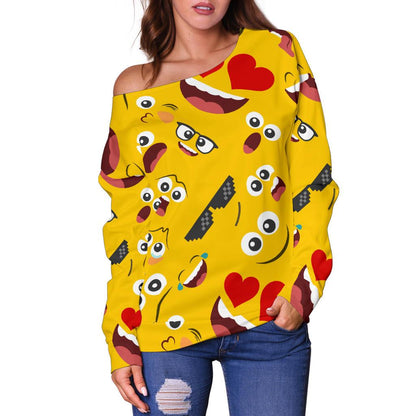 Emoji Face Print Pattern Off Shoulder Sweatshirt