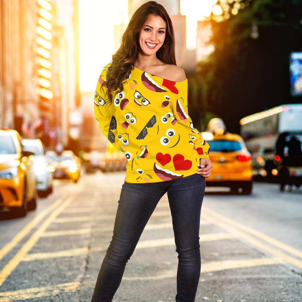 Emoji Face Print Pattern Off Shoulder Sweatshirt