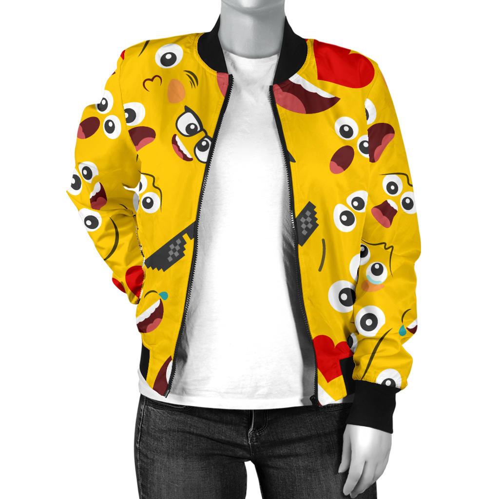 Emoji Face Print Pattern Women Casual Bomber Jacket
