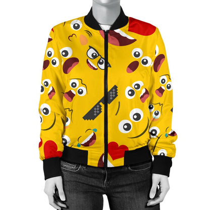 Emoji Face Print Pattern Women Casual Bomber Jacket