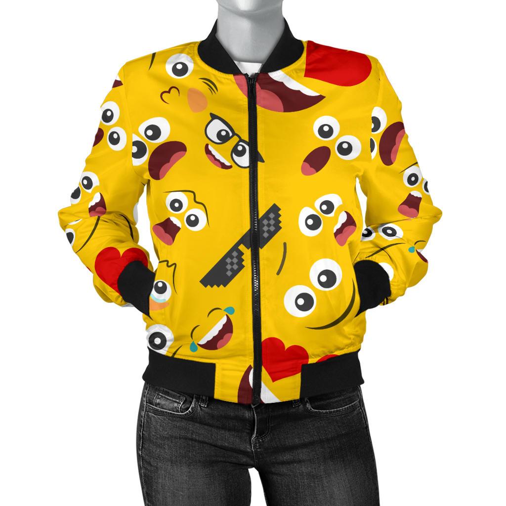 Emoji Face Print Pattern Women Casual Bomber Jacket