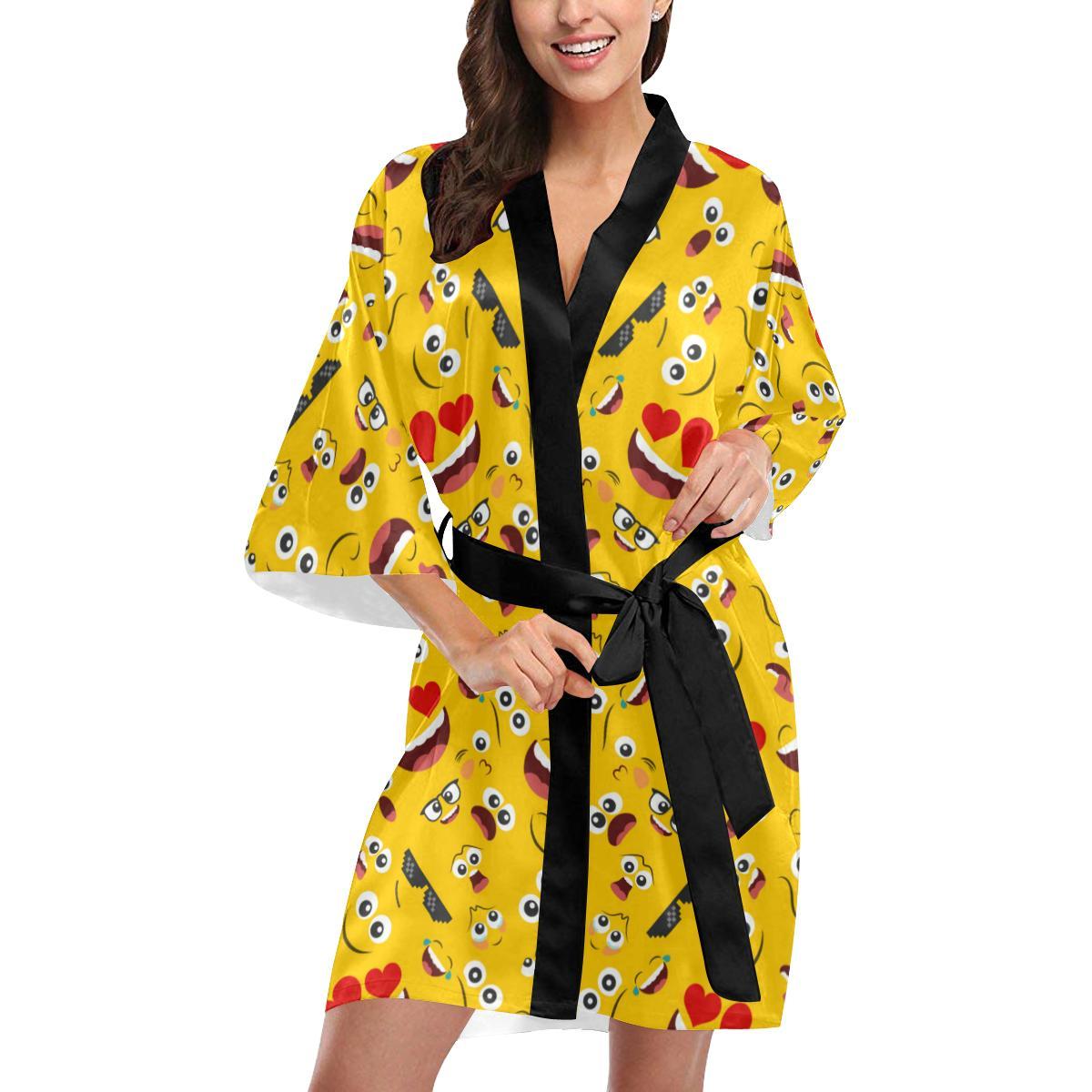 Emoji Face Print Pattern Women Short Kimono Robe