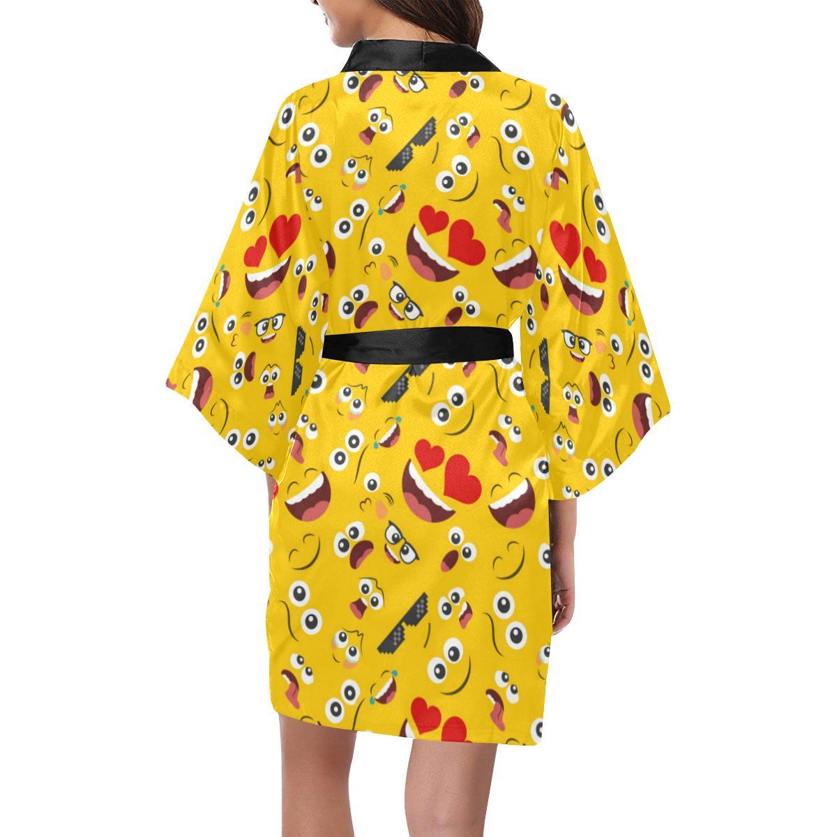 Emoji Face Print Pattern Women Short Kimono Robe