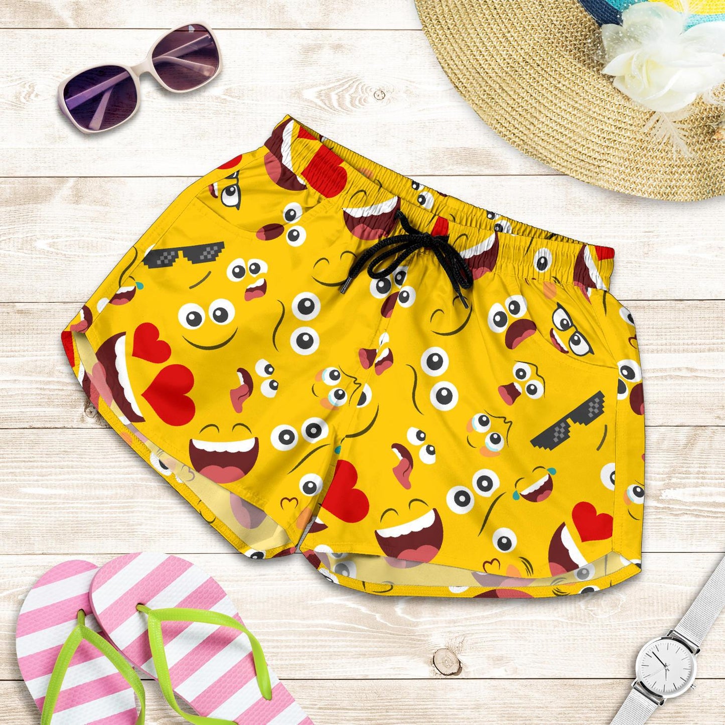 Emoji Face Print Pattern Women Shorts-JTAMIGO.COM