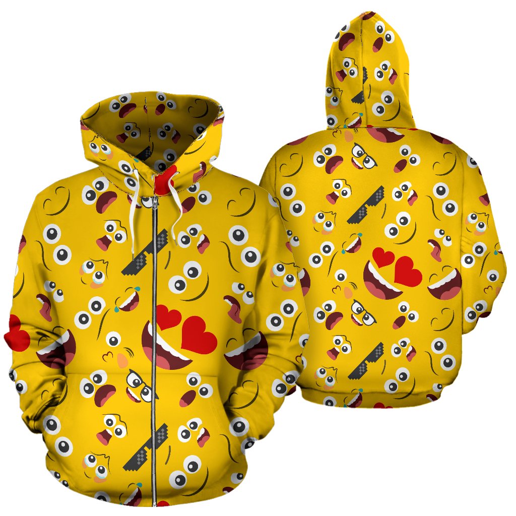 Emoji Face Print Pattern Zip Up Hoodie